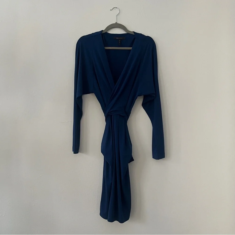 BCBGMaxAzria midnight blue Wrap-Style Long Sleeve Dress M - Picture 5 of 9